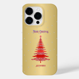Coque Pour iPhone 14 Pro Arbre de Noël élégant Nom rouge Snowflakes Or