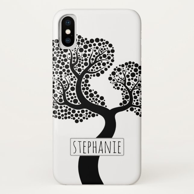 Coques Case-Mate iPhone Arbre stylisé noir et blanc et nom (Dos)