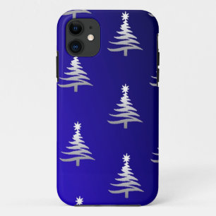 Coque Case-Mate Pour iPhone Arbres de Noël Argent sur Bleu Cobalt