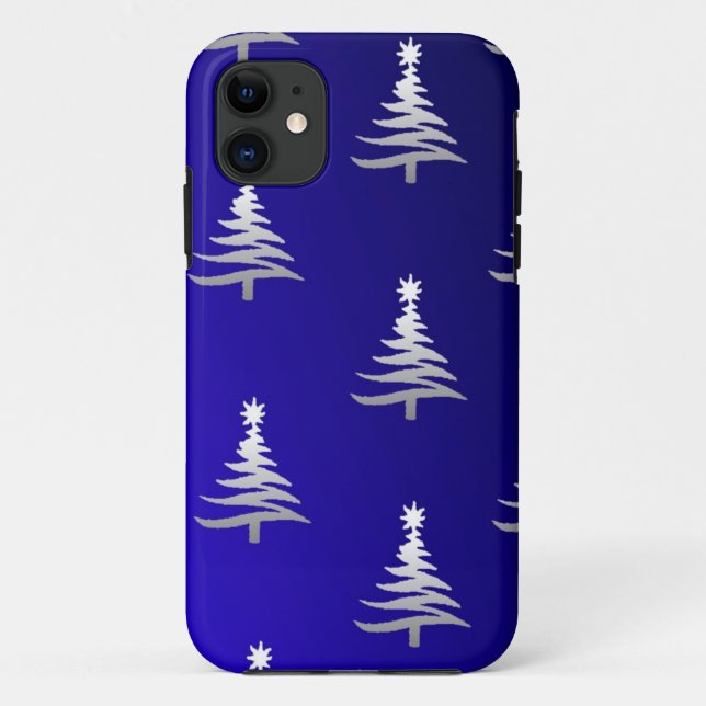 Coques Case-Mate iPhone Arbres de Noël Argent sur Bleu Cobalt (Dos)
