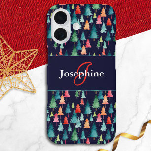 Coque Pour iPhone 16 Arbres de Noël colorés à l'aquarelle et monogramme