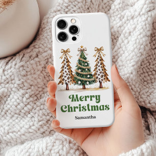 Coque iPhone 15 Mini Arbres de Noël personnalisés à motif léopard pixél
