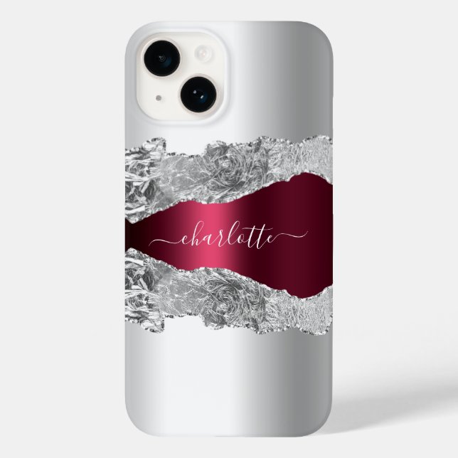 Coques Case-Mate iPhone Argent burgundy agate nom de marbre (Verso)