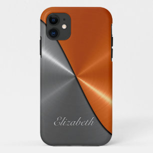Coque iPhone 11 Argent et orange brillant acier inoxydable métal