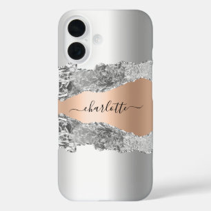 Coque Pour iPhone 16 Argent rose or agate marbre nom script