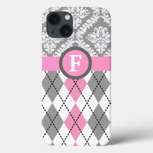 iPhone 13 Case Argyle and damask pattern pink, grey monogram