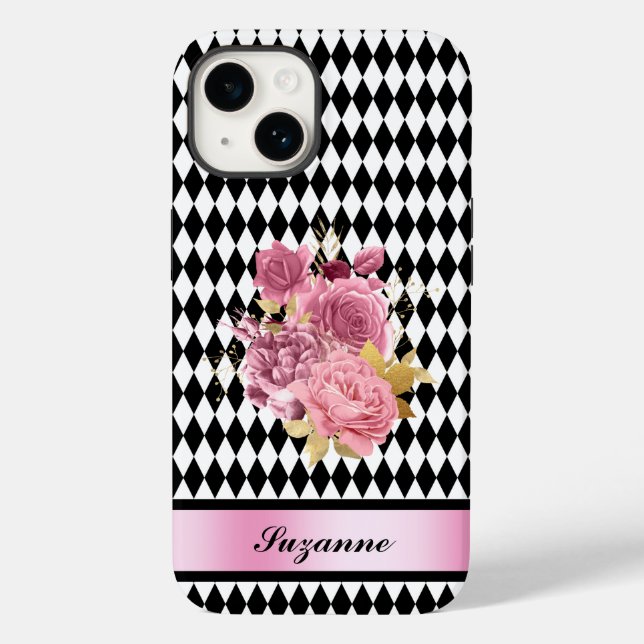 Coques Case-Mate iPhone Arlequin noir blanc avec fleur rose et nom (Verso)