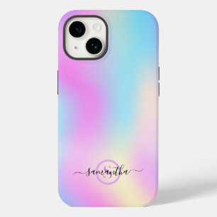 Coque Pour iPhone 14 Arrière - plan irisé coloré, typographie monogra