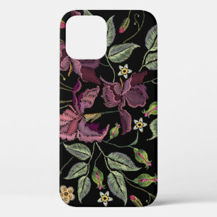Case-Mate iPhone Case Arrière - plan noir Irises pourpres brodé.