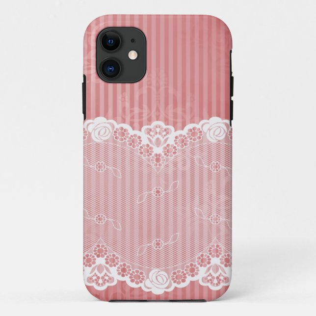 Coques Case-Mate iPhone arrière - plan rose et blanc avec dentelle noire (Dos)