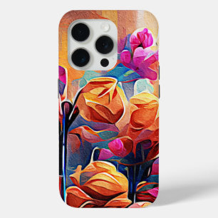 Coque iPhone 15 Pro Art Abstrait Floral Fleurs Orange Rouge Bleu