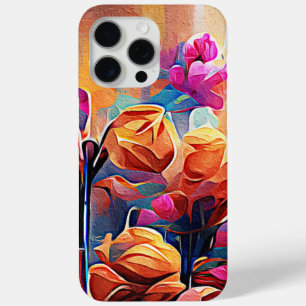 Coque iPhone 15 Pro Max Art Abstrait Floral Fleurs Orange Rouge Bleu