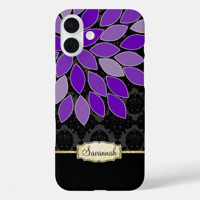 Coques Case-Mate iPhone Art Abstrait Moderne Floral Purple Black Gold (Verso)