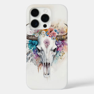 Coques iPhone 16 Pro Art aquarellé de crâne de taureau floral