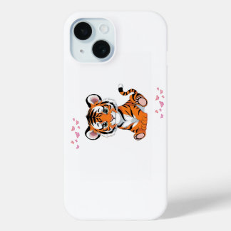 Coque Pour iPhone 15 🐯Art de bébé tigre avec papillons roses -