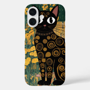 Coque Pour iPhone 16 Art de chat noir dans le style de Gustav Klimt