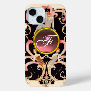 COQUE POUR iPhone 15 ART DÉCO BEAUTÉ MODE ROSE ROSE MONOGRAMME EN PIERR