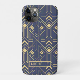 Case-Mate iPhone Case Art Déco Blue Gold Nom géométrique Personnalisé