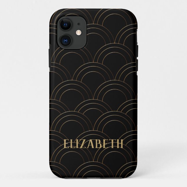 Coques Case-Mate iPhone Art Déco Gold Noir Nom Personnalisé (Dos)