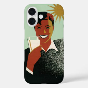 Coque Pour iPhone 16 Art Déco vintage, Homme avec Cocktail au soleil
