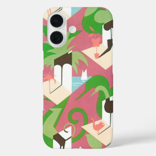 Coque Pour iPhone 16 Art Déco vintage Jazz Pochoir Palmiers et Oiseaux