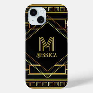 Coque Pour iPhone 15 Art déco vintage or et motif noir géométrique