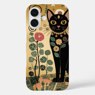 Coque Pour iPhone 16 Art décoratif de chat noir dans le style de Gustav