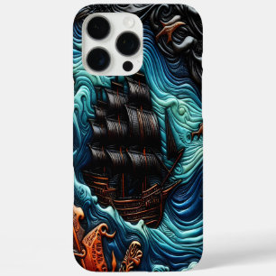 Coques iPhone 16 Pro Max Art en cuir détaillé décrivant un navire en mer