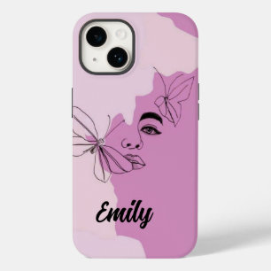 Coque Pour iPhone 14 Art en ligne de femme abstraite et papillon en vio