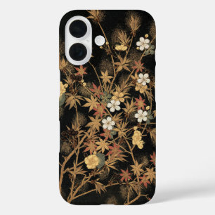 Coque Pour iPhone 16 Art floral automnal noir doré vintage japonais
