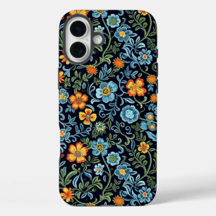 Coques iPhone 16 Plus Art floral complexe : Fleurs bleues et orange 