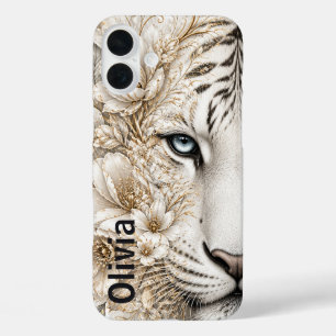 Coques iPhone 16 Plus Art floral du Tigre blanc aux yeux bleus