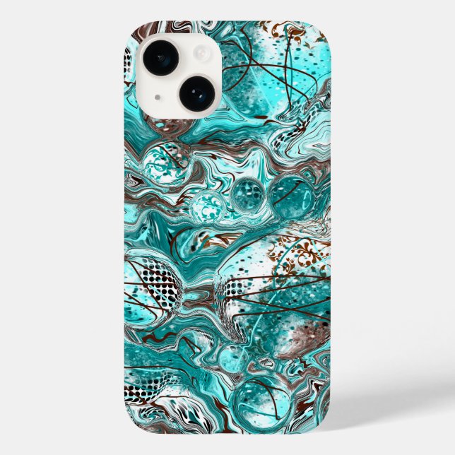 Coques Case-Mate iPhone Art fluide en marbre turquoise et noir (Verso)