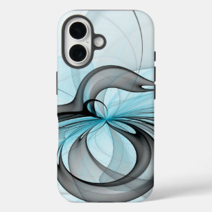 Coque Pour iPhone 16 Art fractal moderne gris anthracite abstrait bleu