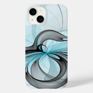Coque Pour iPhone 14 Art fractal moderne gris anthracite abstrait bleu