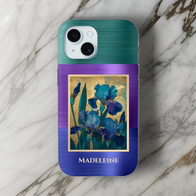 Coques Case-Mate iPhone Art Nouveau Blue Purple Iris avec Monogramme Nom (Créateur téléchargé)