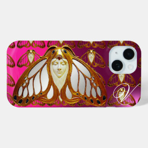 COQUE POUR iPhone 15 ART NOUVEAU MOTH FEMME GEM MONOGRAM ROSE PURPLE