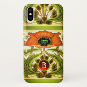 COQUE iPhone X   ART NOUVEAU STYLISÉ VERT ROUGE POPPY GEM MONOGRAM
