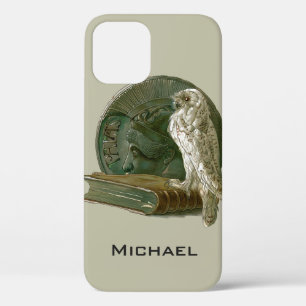 Coque iPhone 12 Art Nouveau vintage avec un hibou, une pièce de mo