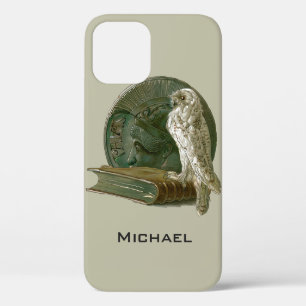 Coque iPhone 12 Art Nouveau vintage avec un hibou, une pièce et un