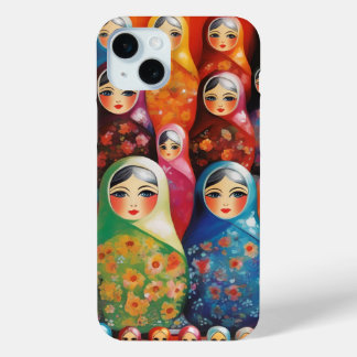 Coque iPhone 15 Mini Art numérique, empilage de poupées