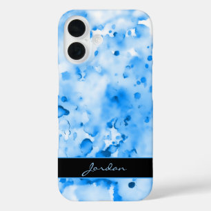 Coque Pour iPhone 16 Artsy Sky Blue Watercolor Paint Splates avec nom