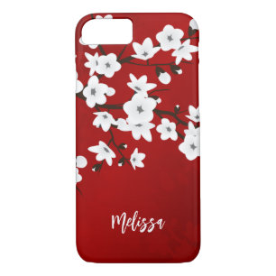 Coque iPhone 7 Asie Floral Blanc Cerisier Fleur Rouge Monogramme