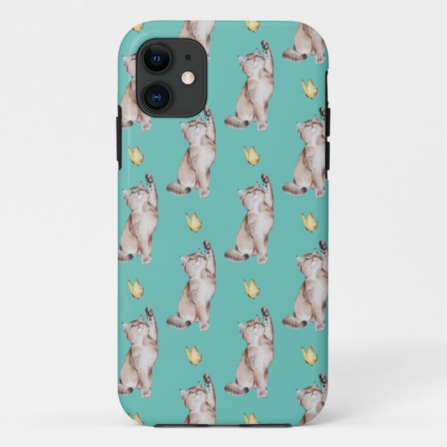 Coques Case-Mate iPhone Atteinte de chats pour papillon jaune sur Turquois (Dos)