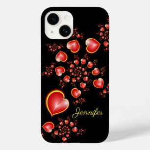 Coque Pour iPhone 14 Avec beaucoup d'amour Rouge Jaune Coeurs Fractal A