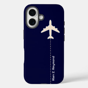 Coque Pour iPhone 16 Avion avec ligne pointillée sur bleu foncé
