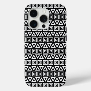 Coque iPhone 15 Pro Aztec Triangles+Motif Carré blanc sur noir