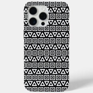 Coque iPhone 15 Pro Max Aztec Triangles+Motif Carré blanc sur noir
