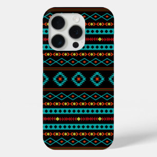 Coque iPhone 15 Pro Aztec Turquoise Rouges Jaune Noir Mixte Motifs Mot