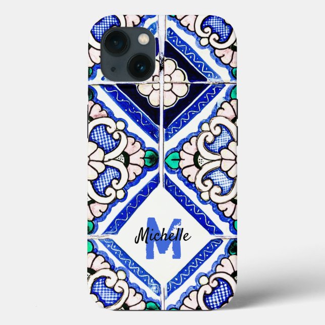 Coques Case-Mate iPhone Azulejo Motif espagnol Carreaux marine Monogramme  (Verso)